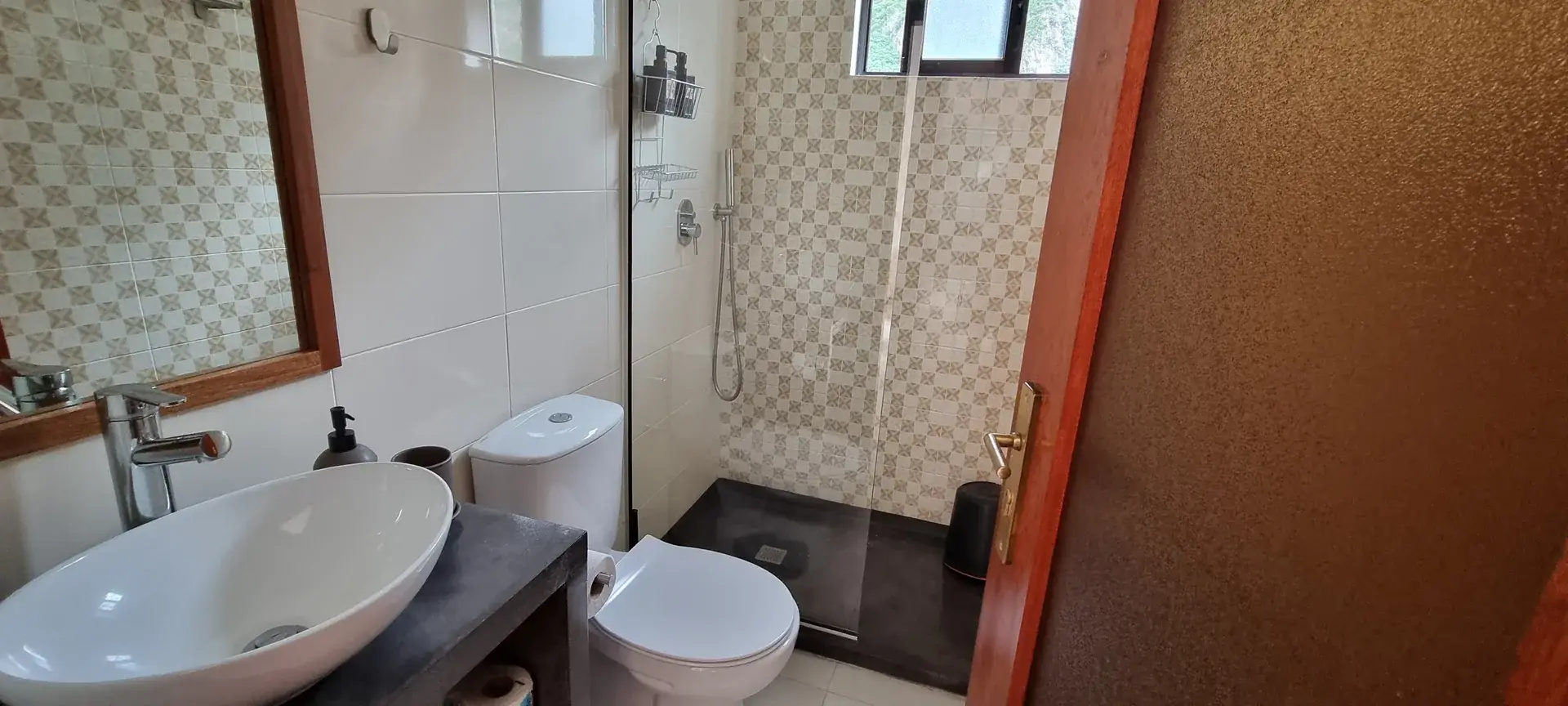 Private Orange Room bathroom with walk-in shower, toilet and washbasin